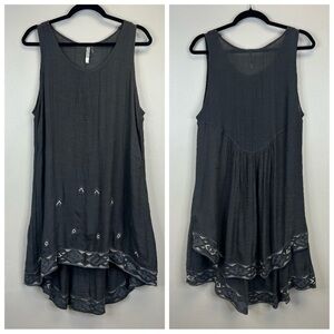 Monoreno Charcoal Sleeveless Tunic Dress Embroidered Hem Lightweight Boho Gray